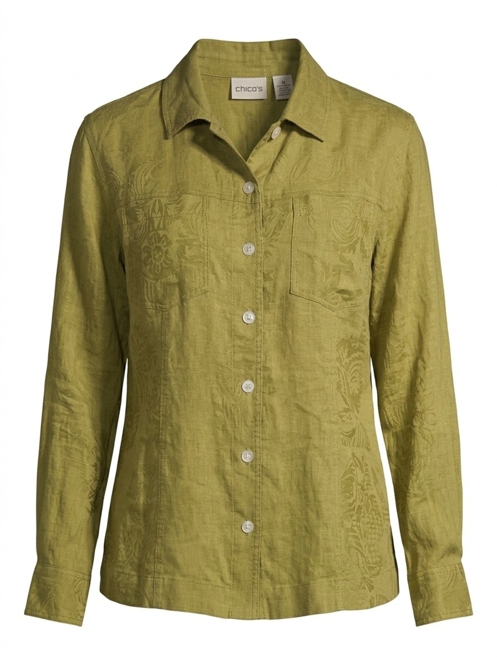 Chico's Light Olive Button-Front Long Sleeve Shirt